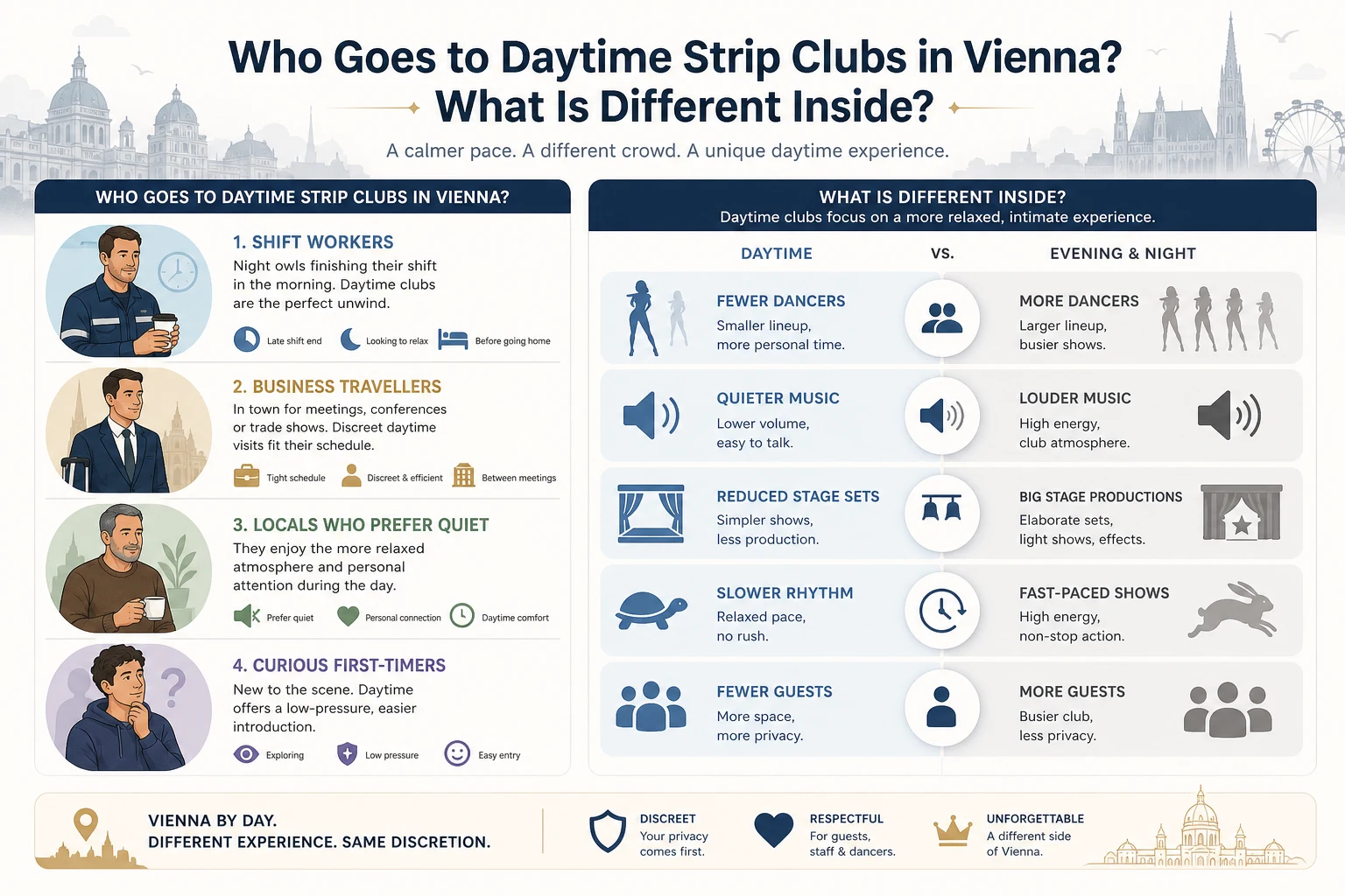 Explainer graphic of who visits a daytime strip club: shift workers, business travellers, locals who prefer quiet, first-timers