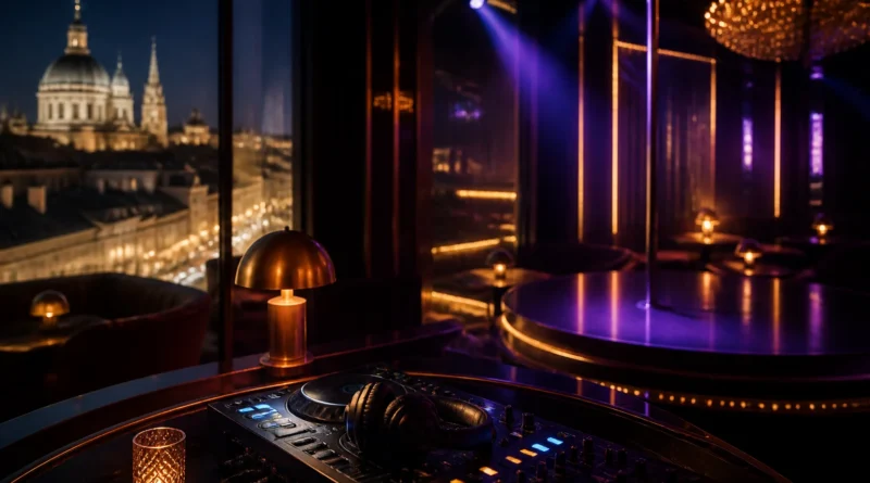 DJ booth and stage lights in a Vienna strip club seen from the floor