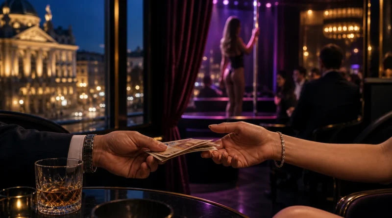 Small banknotes and a glass on an elegant bar counter in a Vienna venue
