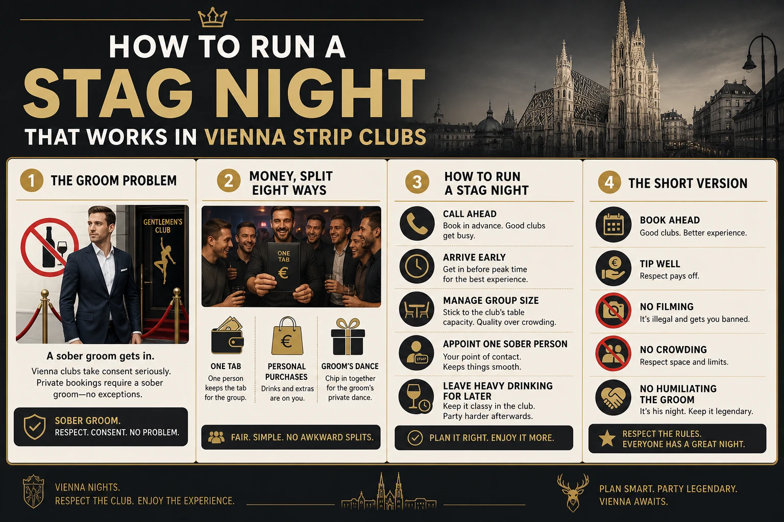 Checklist graphic for a stag night that works: call ahead, arrive early, keep the group table sized, one sober person on the bill, drinking afterwards