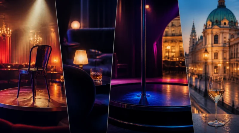 Strip club stage with a pole and soft stage lighting in an elegant Vienna venue