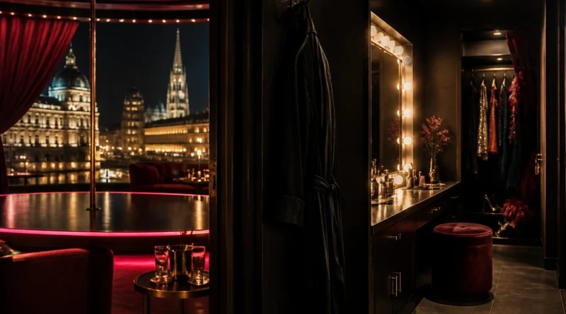 Backstage dressing room with mirrors and lit bulbs in a theatre style setting