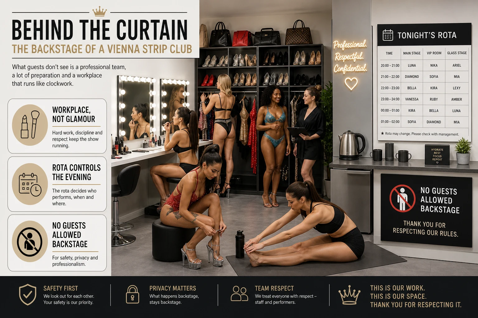 Explainer graphic of a strip club dressing room: rota on the wall, costume and shoe storage, preparation, rest between sets