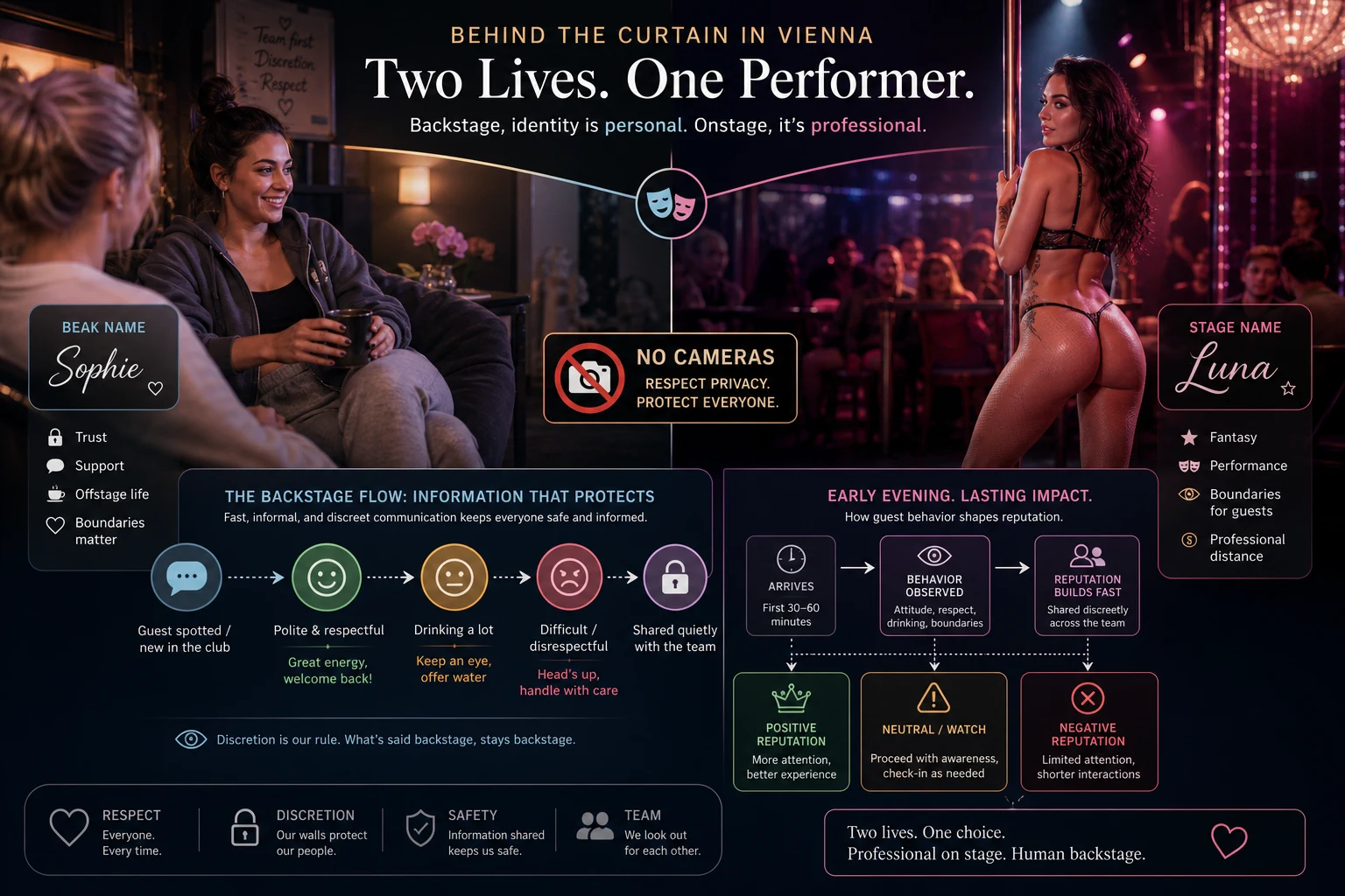 Graphic of the two identities: real names backstage, stage names on the floor, and the boundary guests never cross