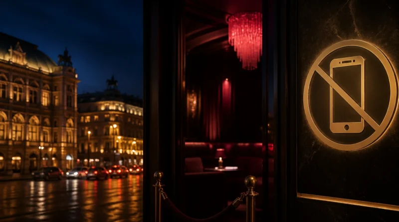 Phone placed face down on a dark table in an elegant Vienna club interior